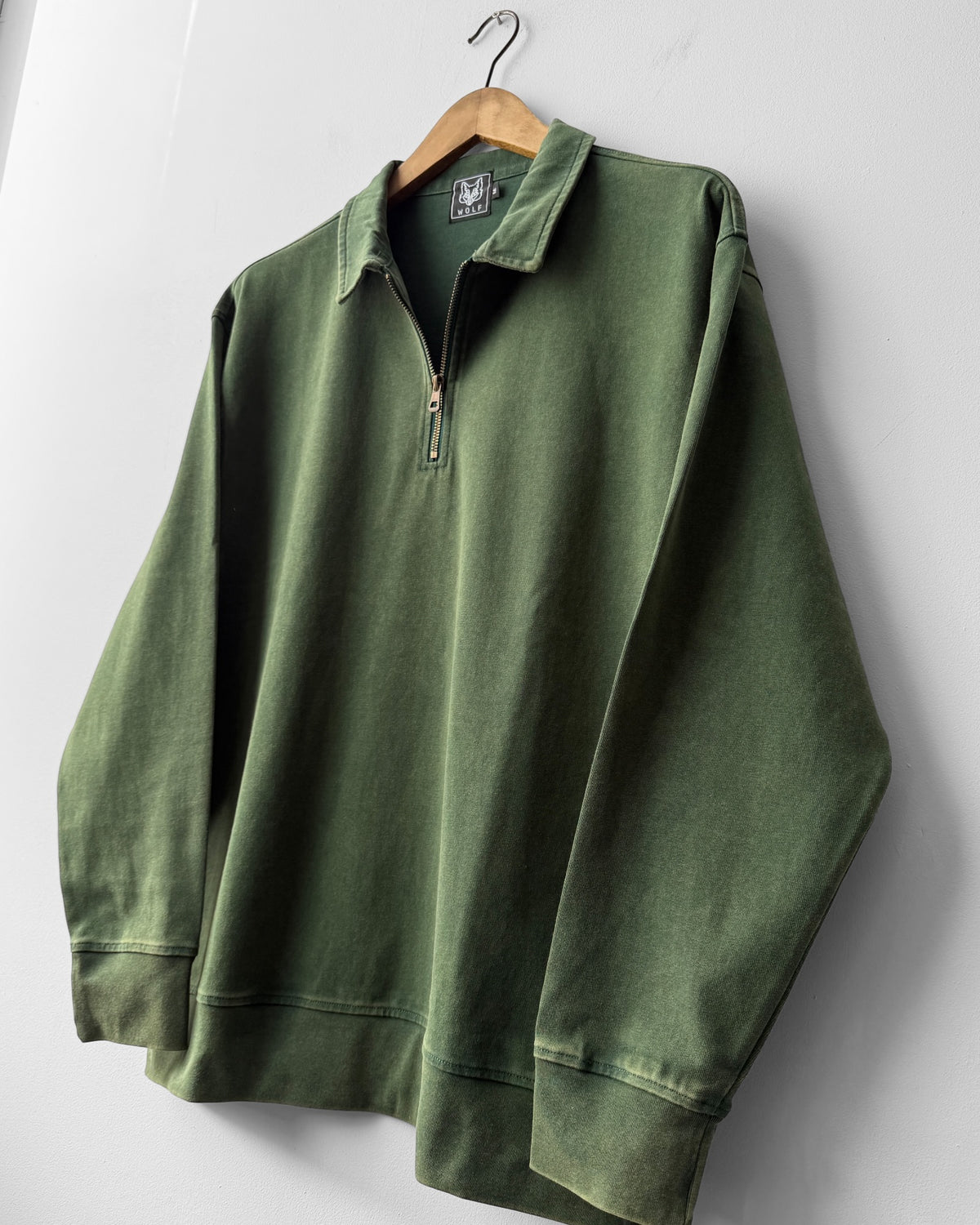 Faded Quarter Zip Sweatshirt Bottle Green Washed Cotton