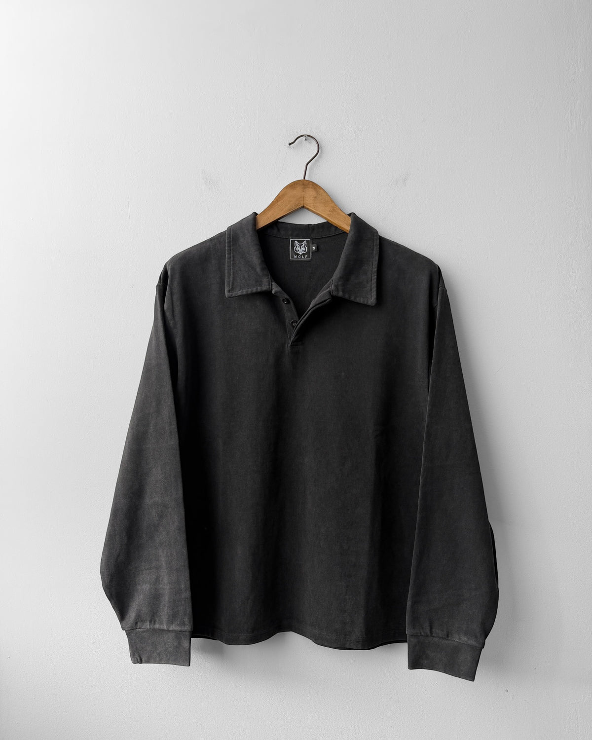 Faded Wash Polo Sweatshirt Cotton Charcoal Black