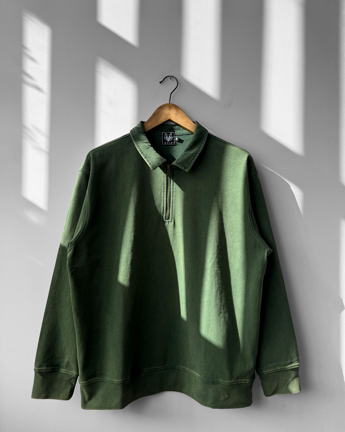 Faded Quarter Zip Sweatshirt Bottle Green Washed Cotton