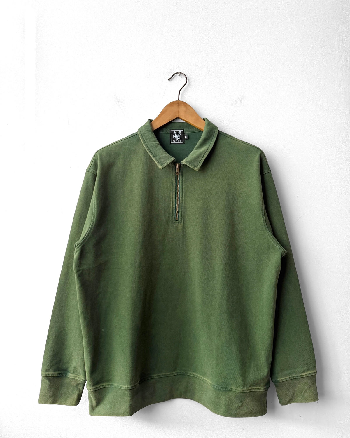 Faded Quarter Zip Sweatshirt Bottle Green Washed Cotton