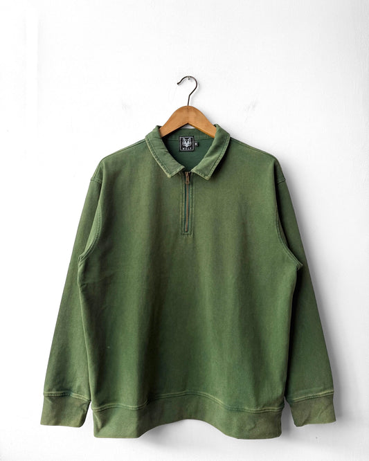 Faded Quarter Zip Sweatshirt Bottle Green Washed Cotton