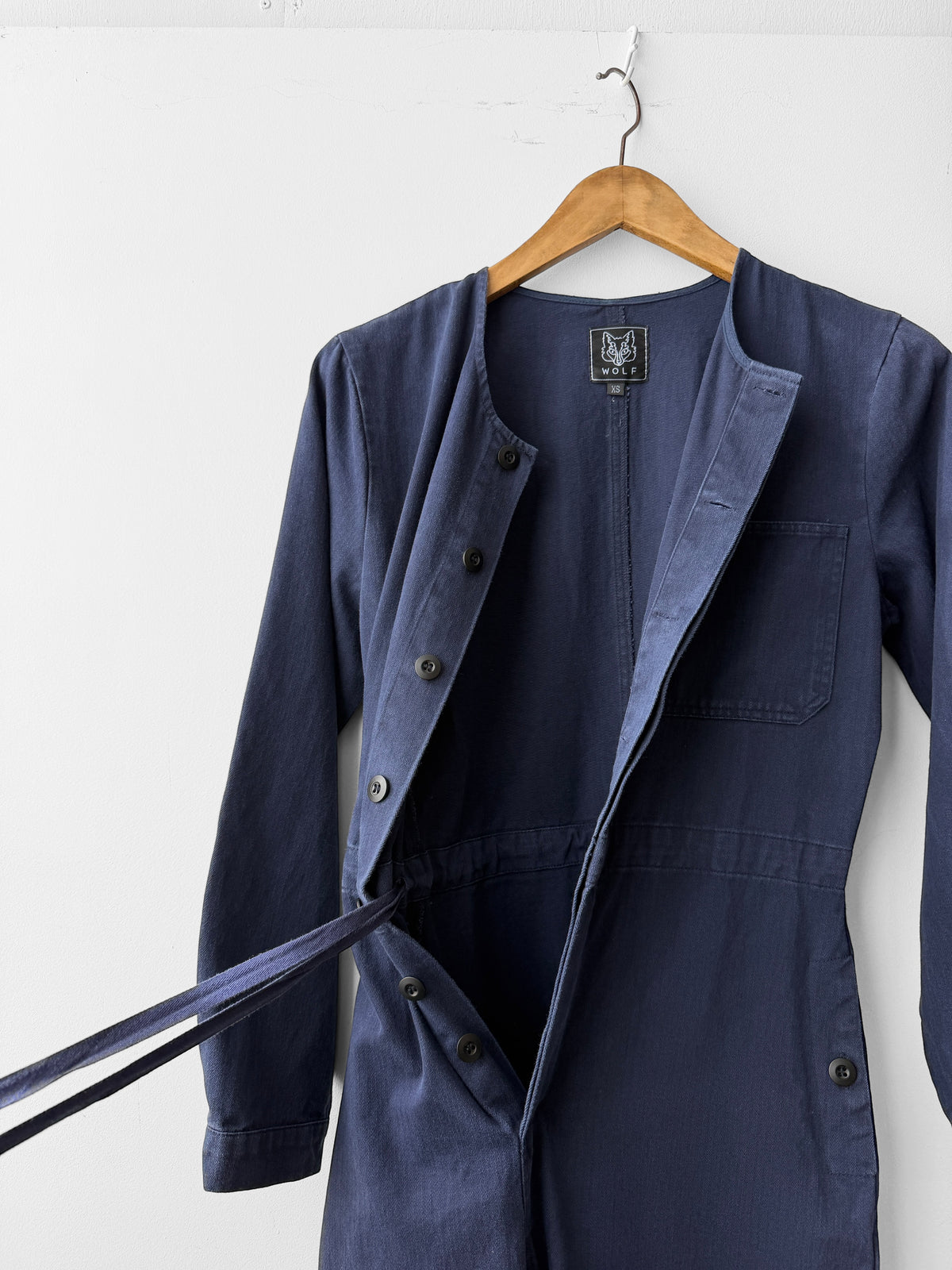 Collarless Workwear Jumpsuit Coveralls Herringbone Blue