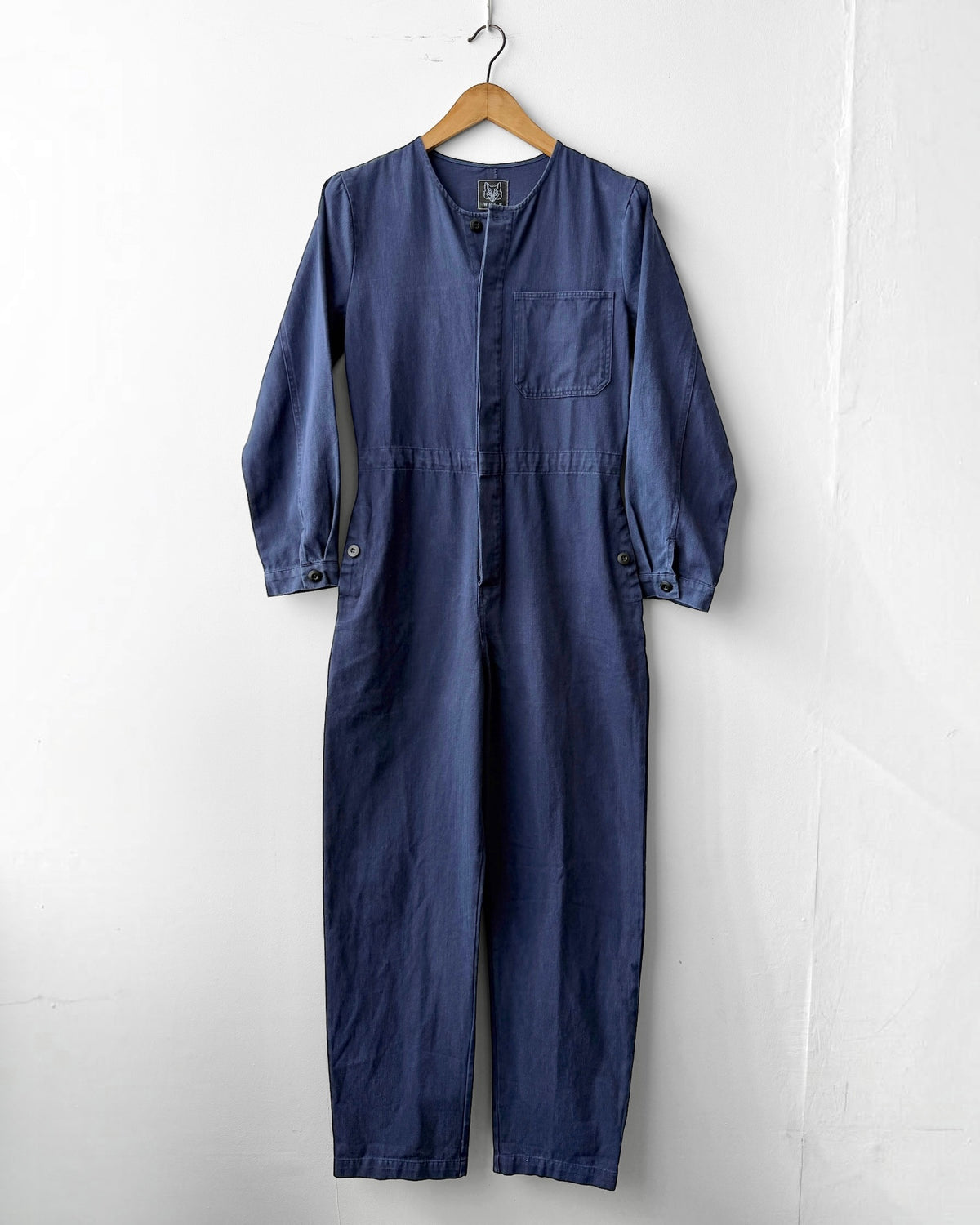 Collarless Workwear Jumpsuit Coveralls Herringbone Blue