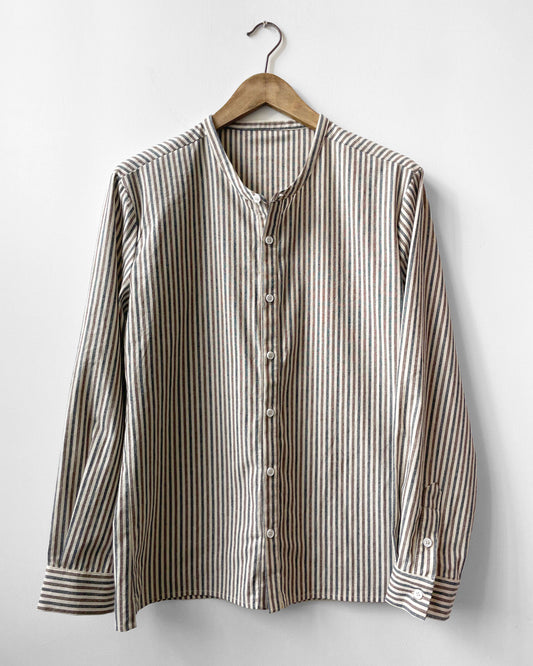 Unisex Striped Ticking Shirt Grandad Collar Brown & Blue
