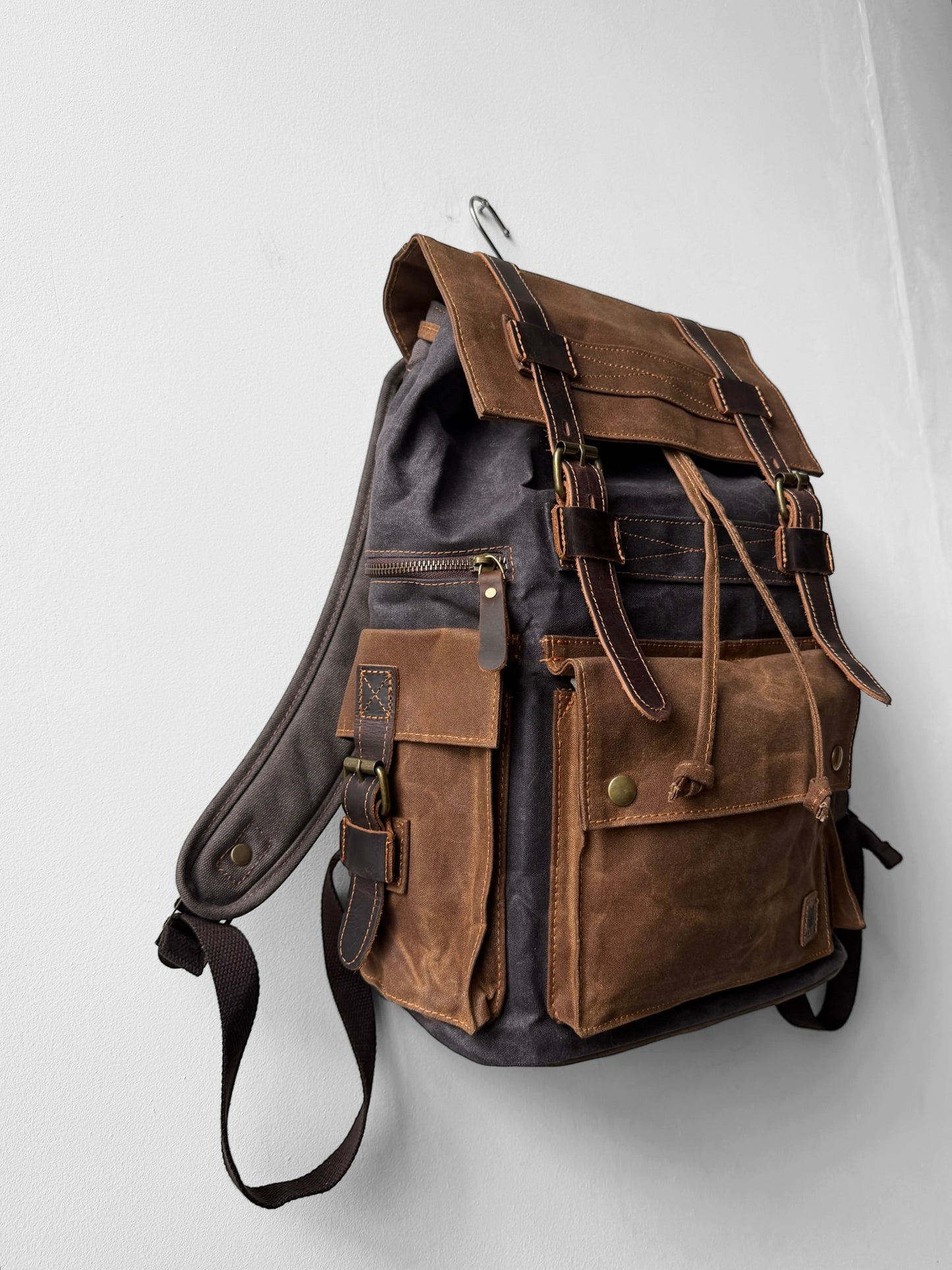 WOLF Waxed Cotton Large Rucksack Brown & Black
