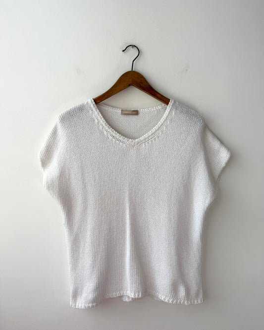 Vintage Italian Cotton Knitted Short Sleeve Batwing Top White