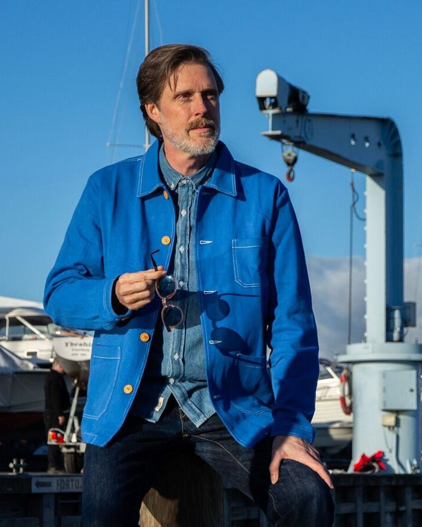 Chaqueta de trabajo de sarga de algodón francesa azul cobalto
