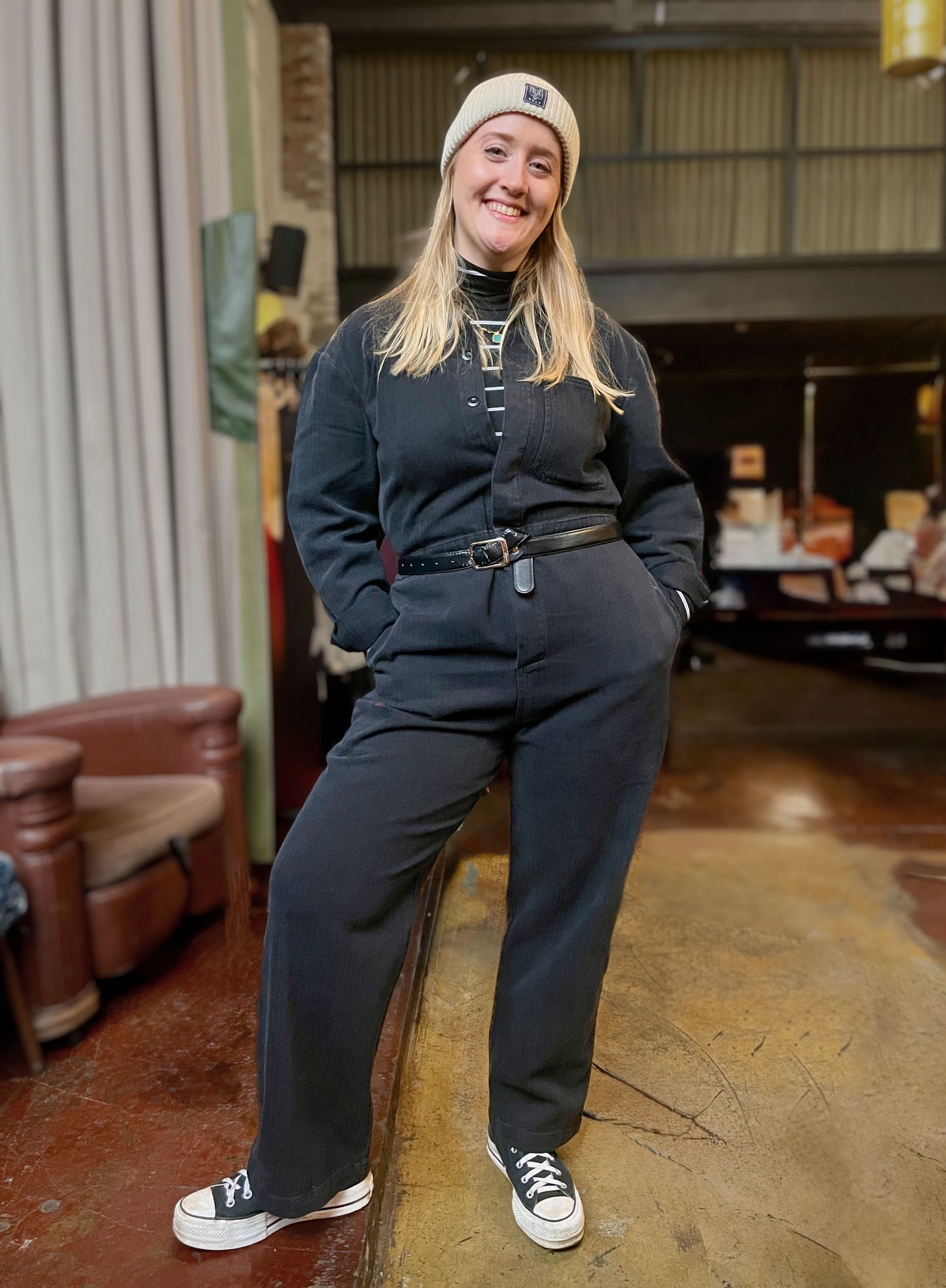 Black French Workwear Jumpsuit Coveralls Herringbone