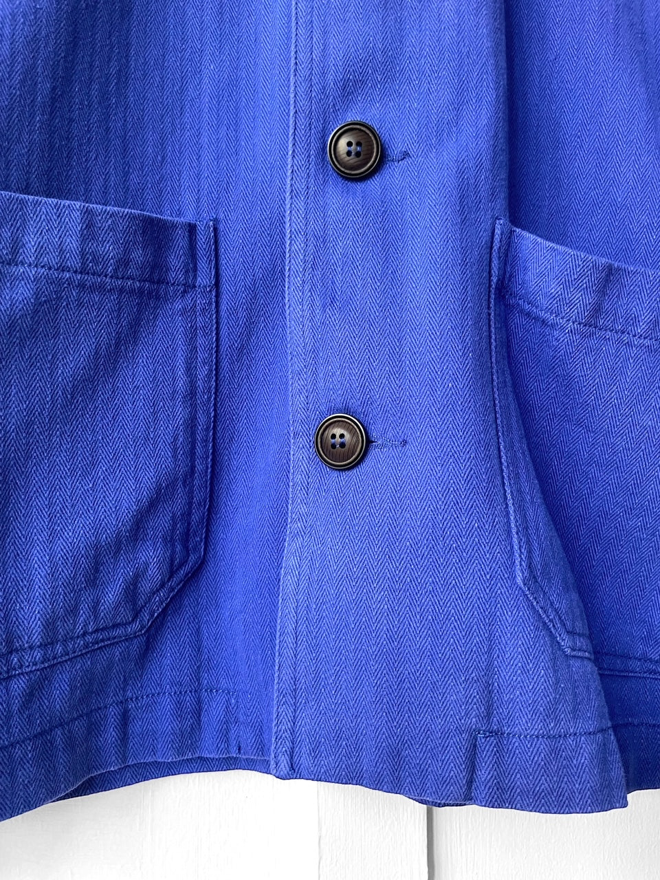 French Chore Jacket 60s Style Bugatti Blue Washed Herringbone Cotton