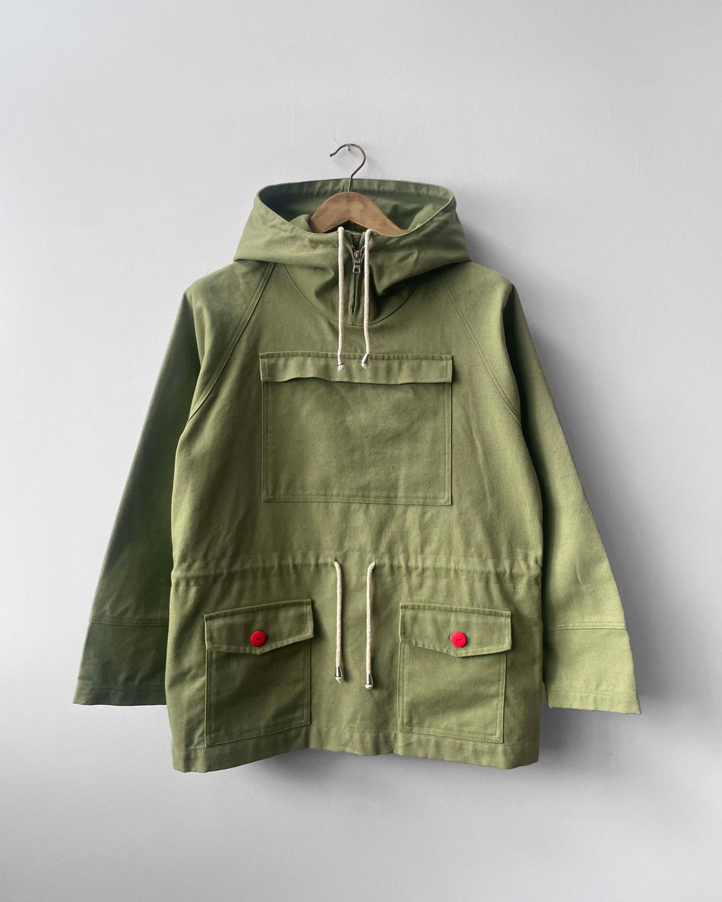 Green Cadet Smock Cotton Canvas Red Buttons Reworked