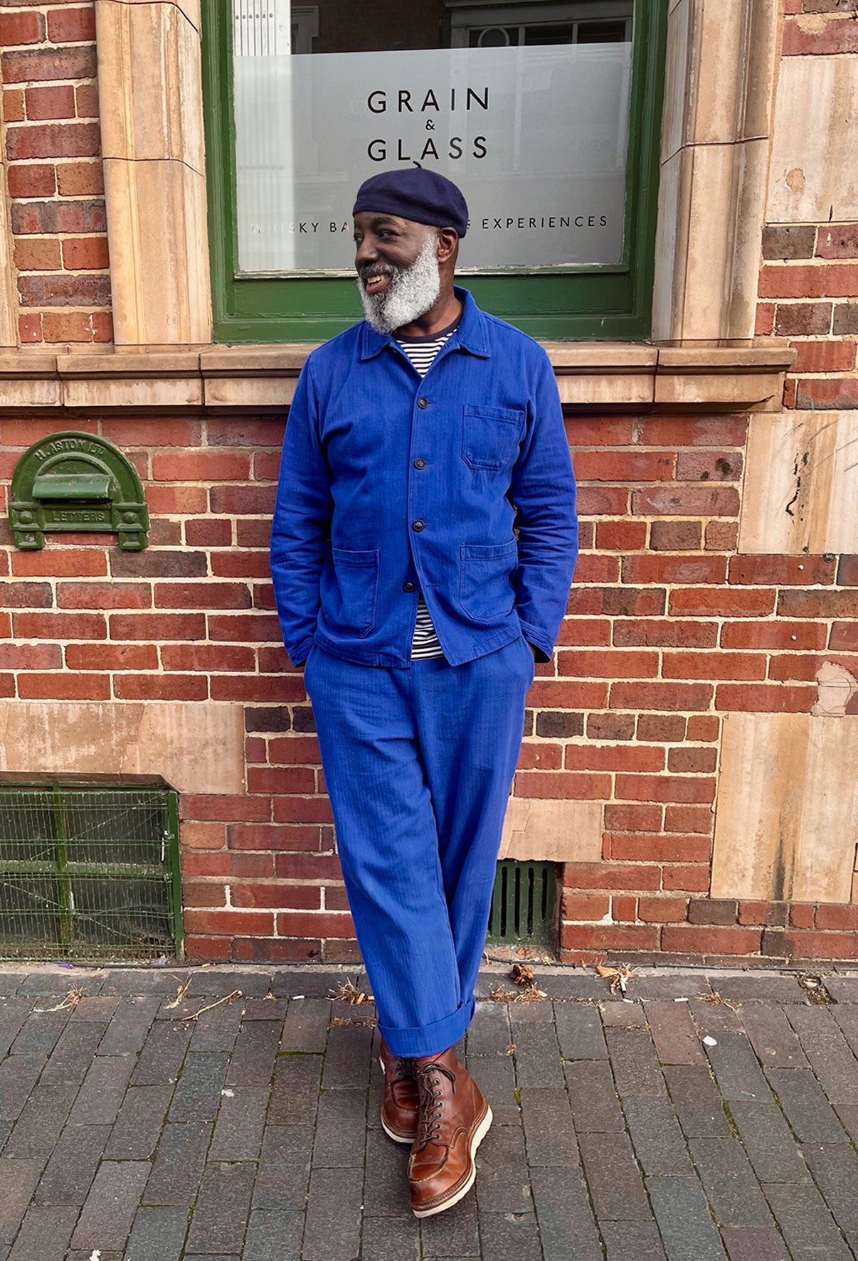 French Workwear 2 Piece Suit Faded Herringbone Bugatti Blue Cotton