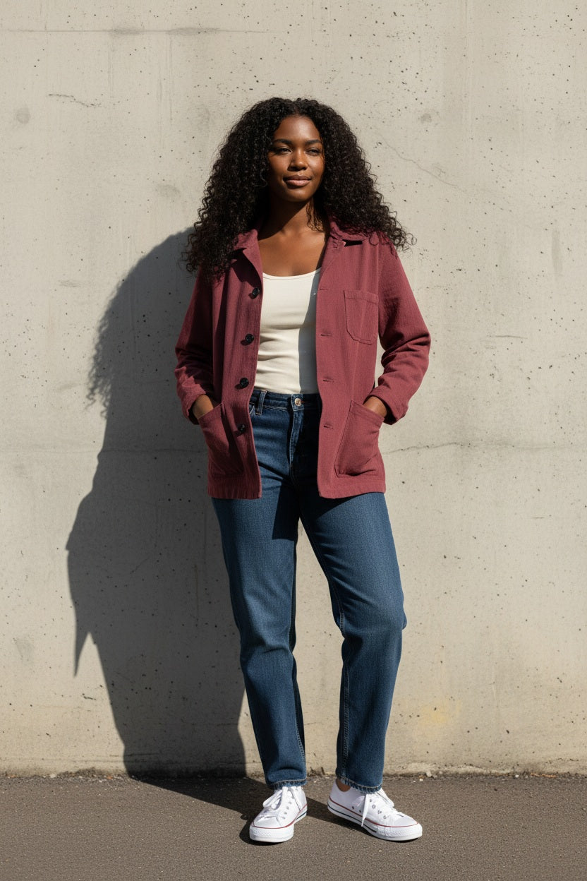 Herringbone Cotton Twill Chore Jacket Faded Oxblood Red