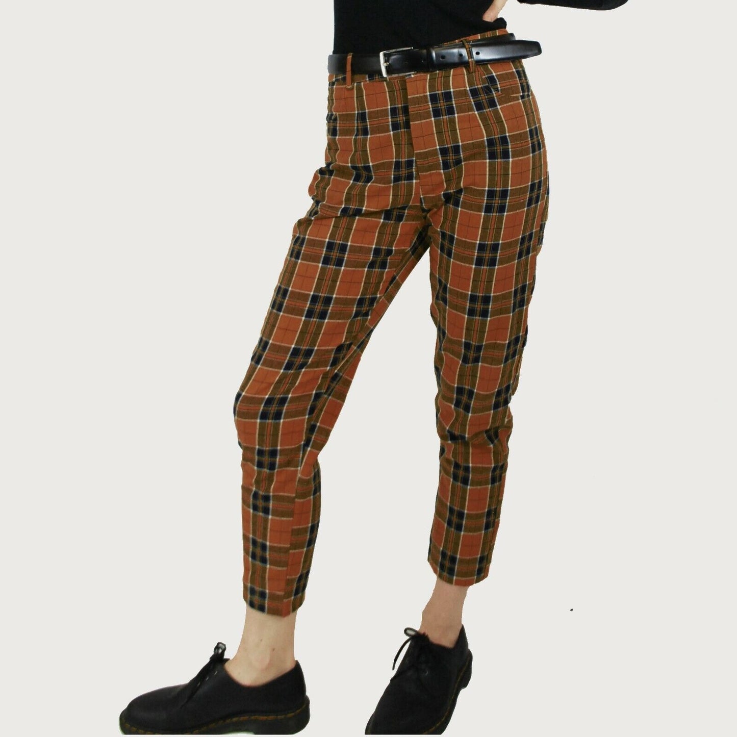 High Waisted Tartan Checked Trousers Chestnut Brown