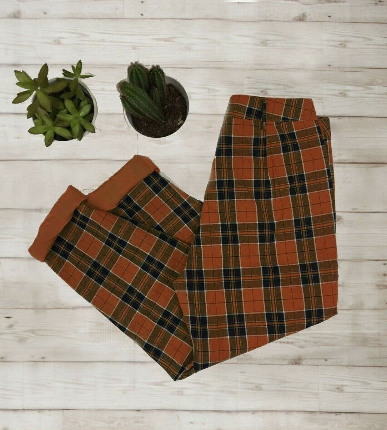 High Waisted Tartan Checked Trousers Chestnut Brown