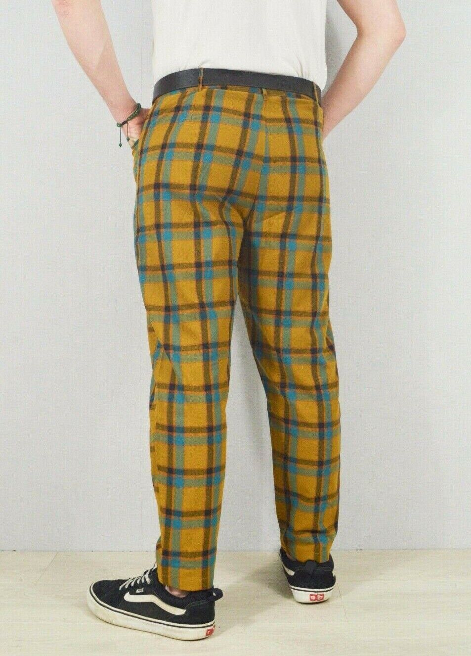 Slim Fit Tartan Check Trousers Mustard Blue – Wolf Clothing