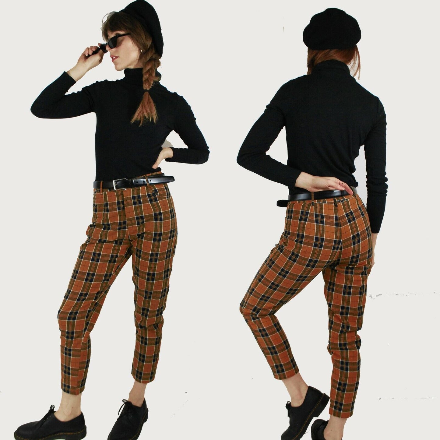 High Waisted Tartan Checked Trousers Chestnut Brown