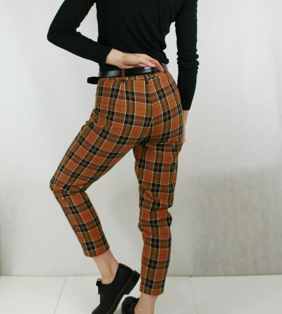 High Waisted Tartan Checked Trousers Chestnut Brown