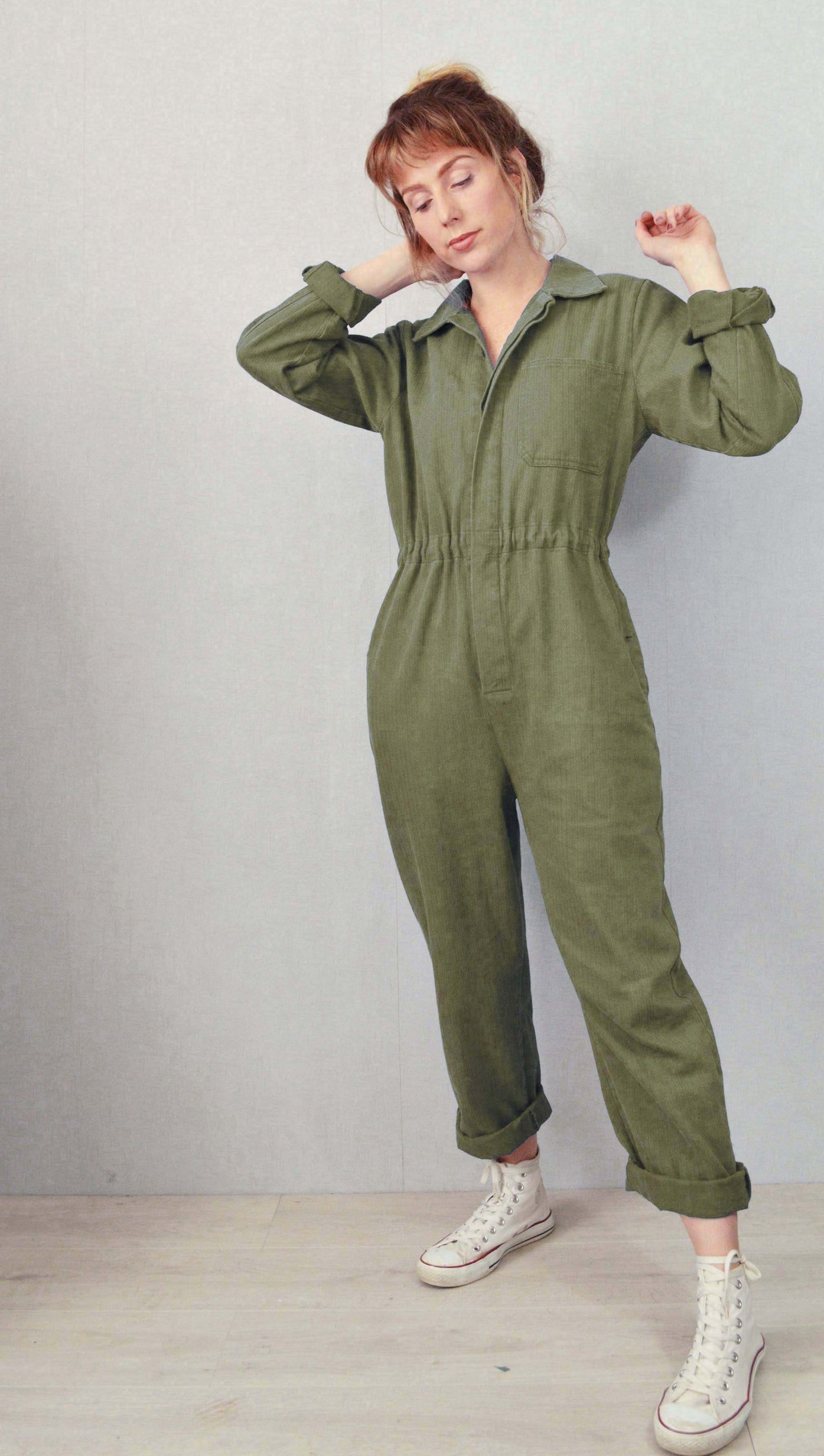 Army Green French Workwear Coveralls Herringbone